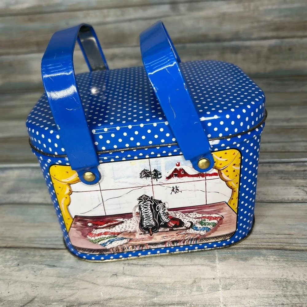 Vintage Tin Box Co. Christmas Container Tin with Handles Skate Winter Box Sewing